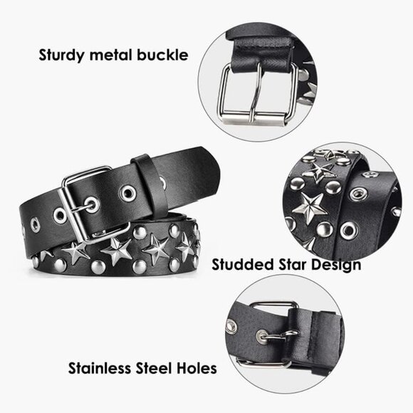 Women's 1 - Black Star Metal Punk Rock Rivet Belt With Bright Pyramid Studded - Picture 5 of 8